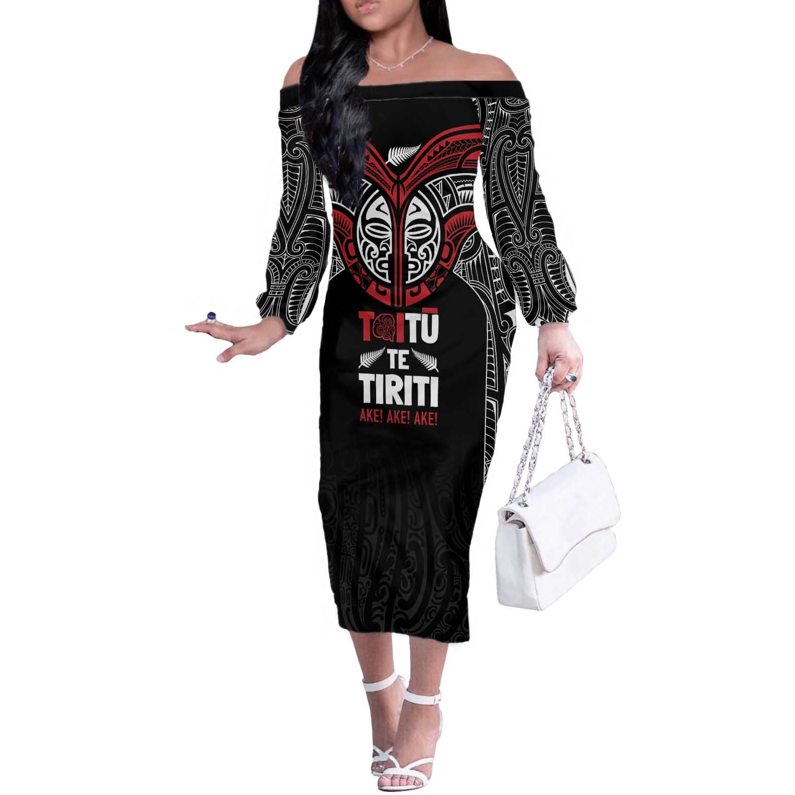 Aotearoa Maori Personalized Off The Shoulder Long Sleeve Dress Toitu Te Tiriti Ake! Ake! Ake! LT7 Women Black - Polynesian Pride