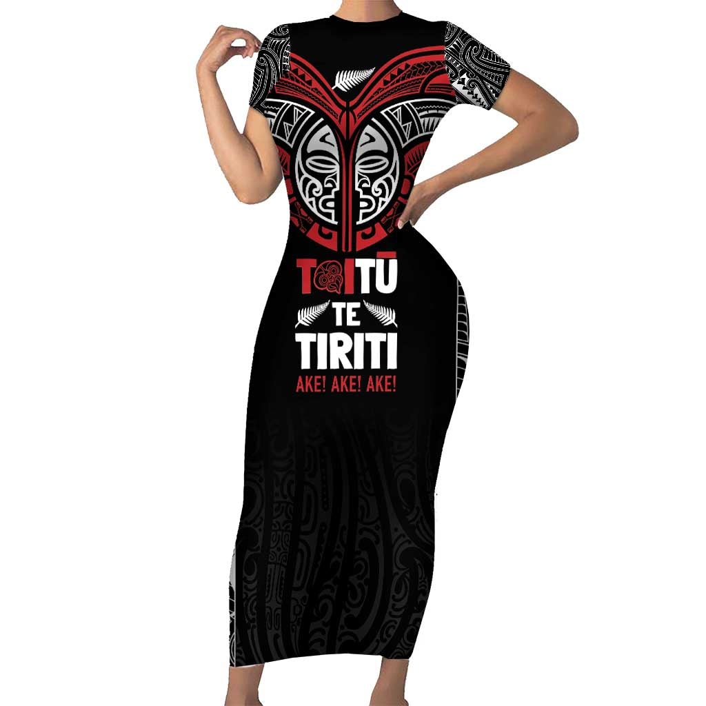 Aotearoa Maori Personalized Short Sleeve Bodycon Dress Toitu Te Tiriti Ake! Ake! Ake! LT7 Long Dress Black - Polynesian Pride