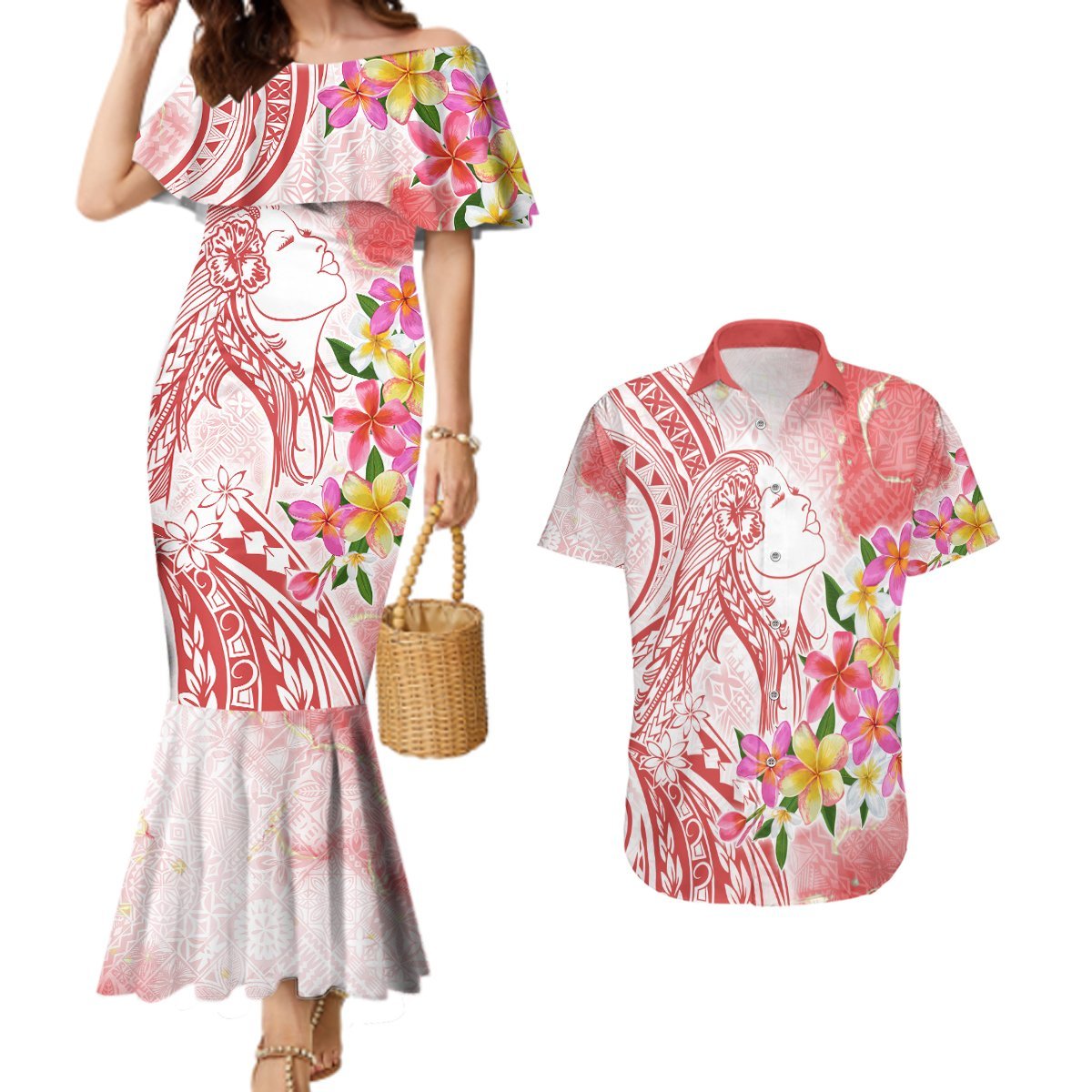 Polynesian Women's Day Wahine Couples Matching Mermaid Dress and Hawaiian Shirt Plumeria Marble Glaze - Pink LT7 Pink - Polynesian Pride