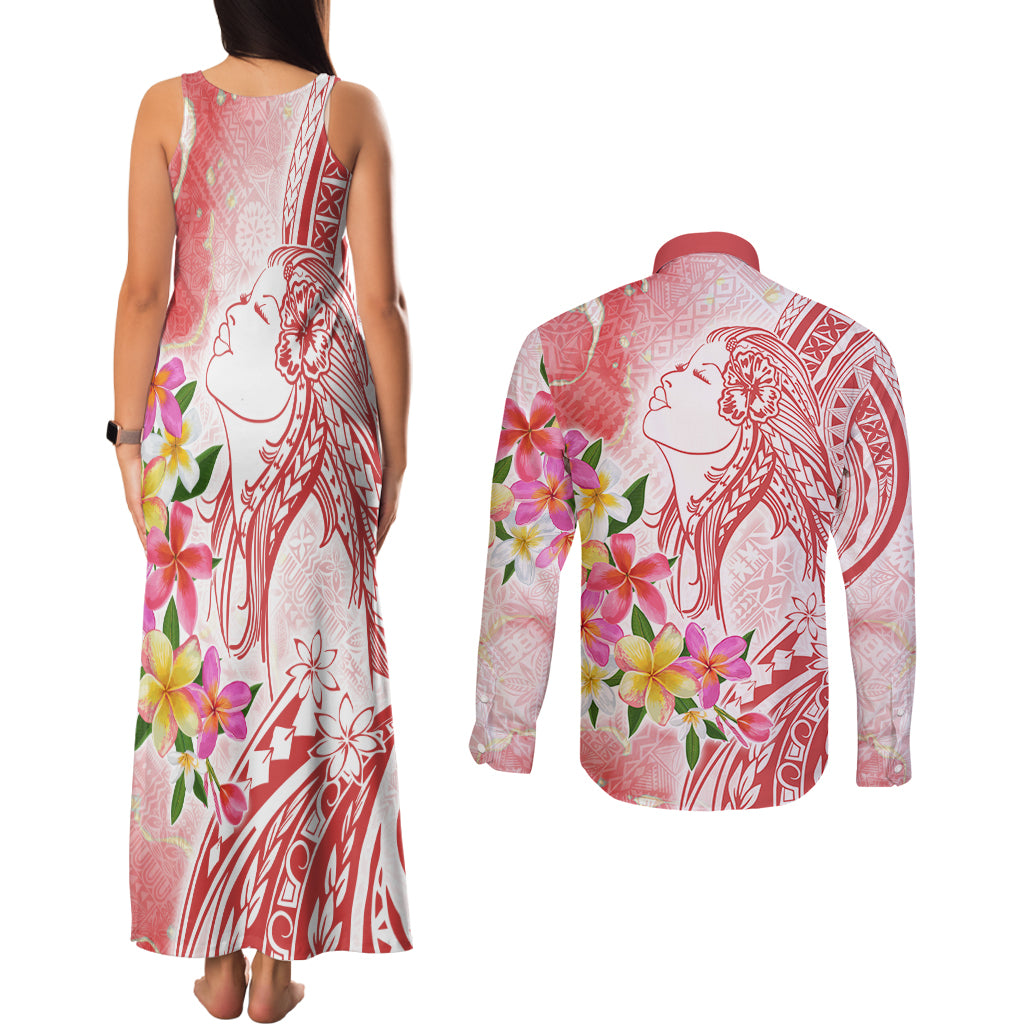 Polynesian Women's Day Wahine Couples Matching Tank Maxi Dress and Long Sleeve Button Shirt Plumeria Marble Glaze - Pink LT7 - Polynesian Pride