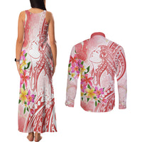 Polynesian Women's Day Wahine Couples Matching Tank Maxi Dress and Long Sleeve Button Shirt Plumeria Marble Glaze - Pink LT7 - Polynesian Pride
