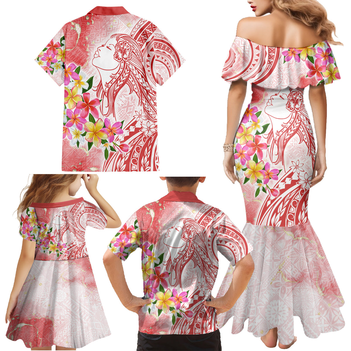 Polynesian Women's Day Wahine Family Matching Mermaid Dress and Hawaiian Shirt Plumeria Marble Glaze - Pink LT7 - Polynesian Pride
