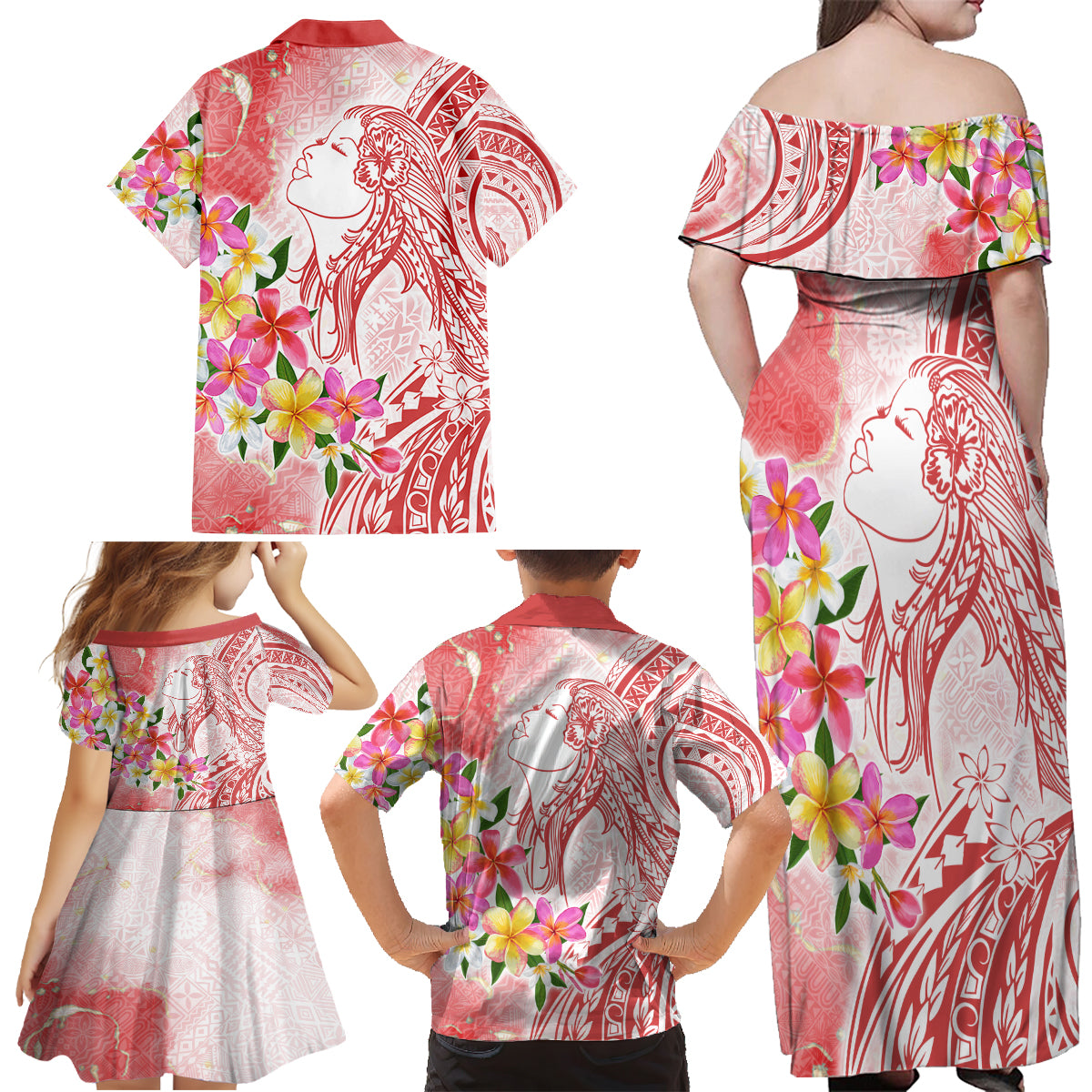 Polynesian Women's Day Wahine Family Matching Off Shoulder Maxi Dress and Hawaiian Shirt Plumeria Marble Glaze - Pink LT7 - Polynesian Pride