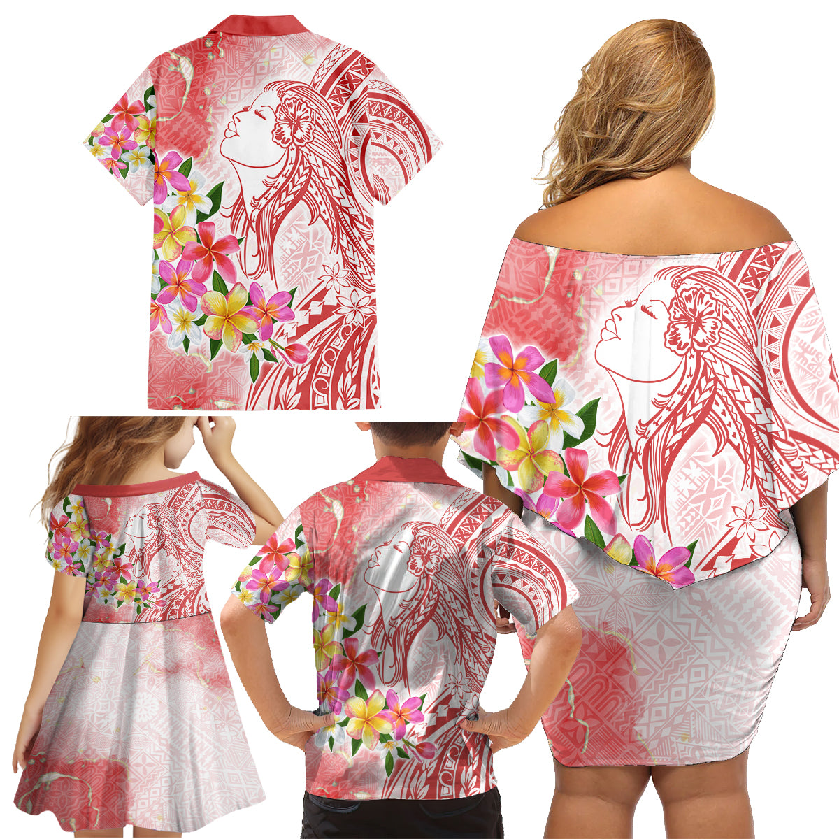 Polynesian Women's Day Wahine Family Matching Off Shoulder Short Dress and Hawaiian Shirt Plumeria Marble Glaze - Pink LT7 - Polynesian Pride