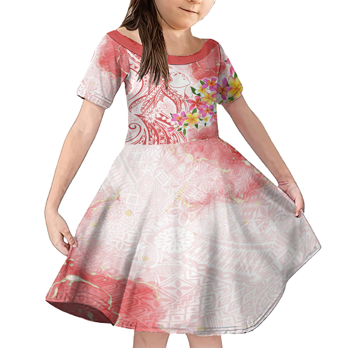 Polynesian Women's Day Wahine Kid Short Sleeve Dress Plumeria Marble Glaze - Pink LT7 KID Pink - Polynesian Pride