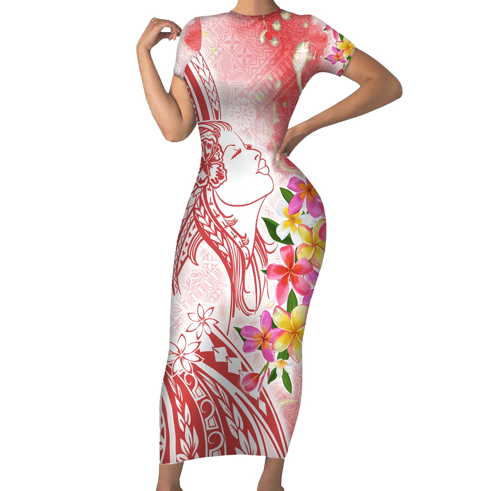 Polynesian Women's Day Wahine Short Sleeve Bodycon Dress Plumeria Marble Glaze - Pink LT7 Long Dress Pink - Polynesian Pride