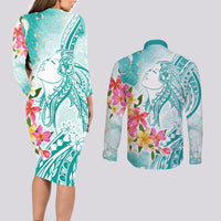 Polynesian Women's Day Wahine Couples Matching Long Sleeve Bodycon Dress and Long Sleeve Button Shirt Plumeria Marble Glaze - Teal LT7 - Polynesian Pride