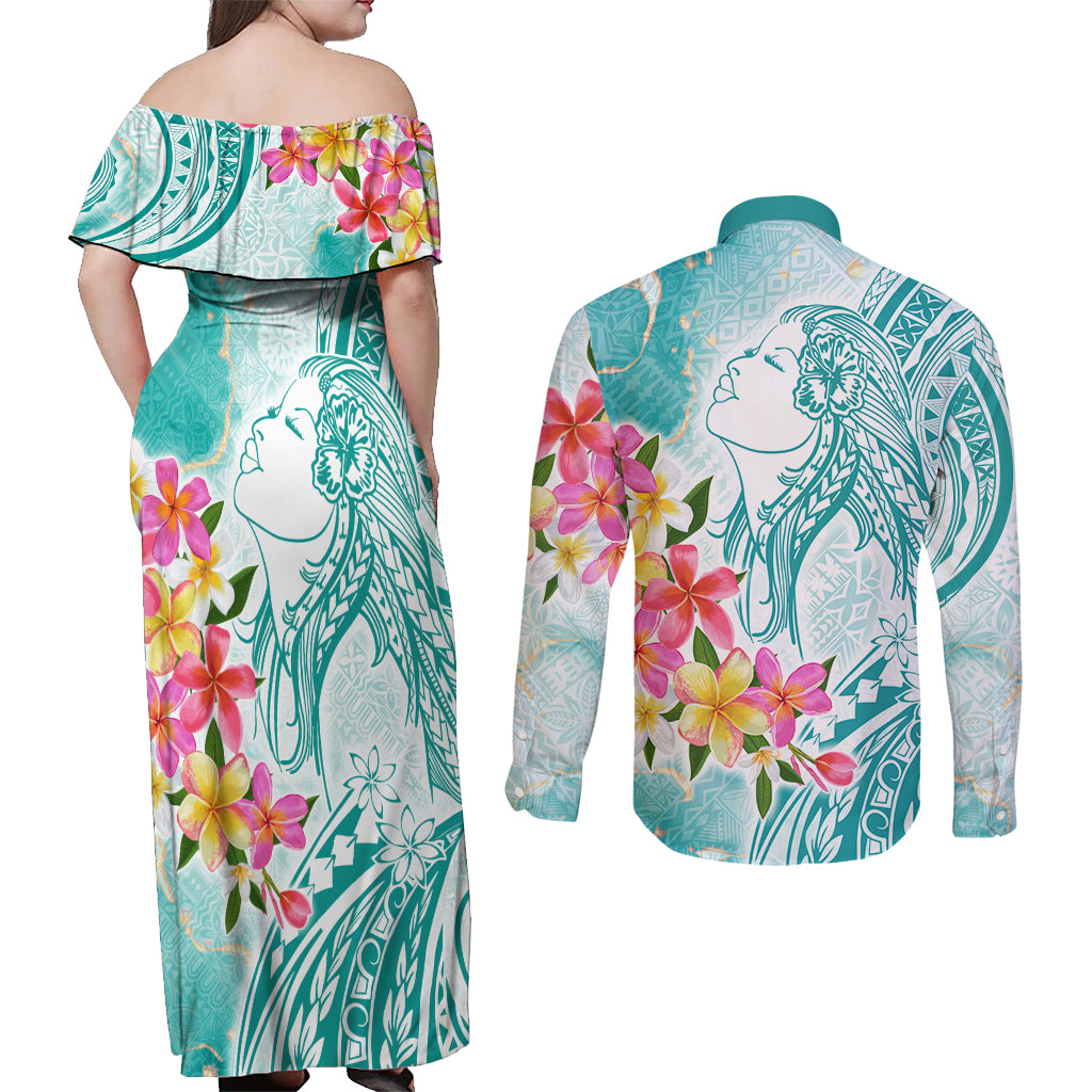 Polynesian Women's Day Wahine Couples Matching Off Shoulder Maxi Dress and Long Sleeve Button Shirt Plumeria Marble Glaze - Teal LT7 - Polynesian Pride