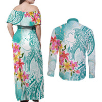 Polynesian Women's Day Wahine Couples Matching Off Shoulder Maxi Dress and Long Sleeve Button Shirt Plumeria Marble Glaze - Teal LT7 - Polynesian Pride