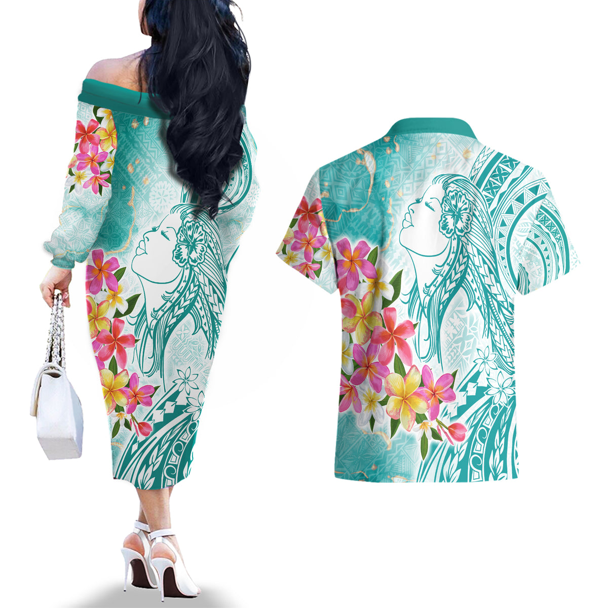 Polynesian Women's Day Wahine Couples Matching Off The Shoulder Long Sleeve Dress and Hawaiian Shirt Plumeria Marble Glaze - Teal LT7 - Polynesian Pride