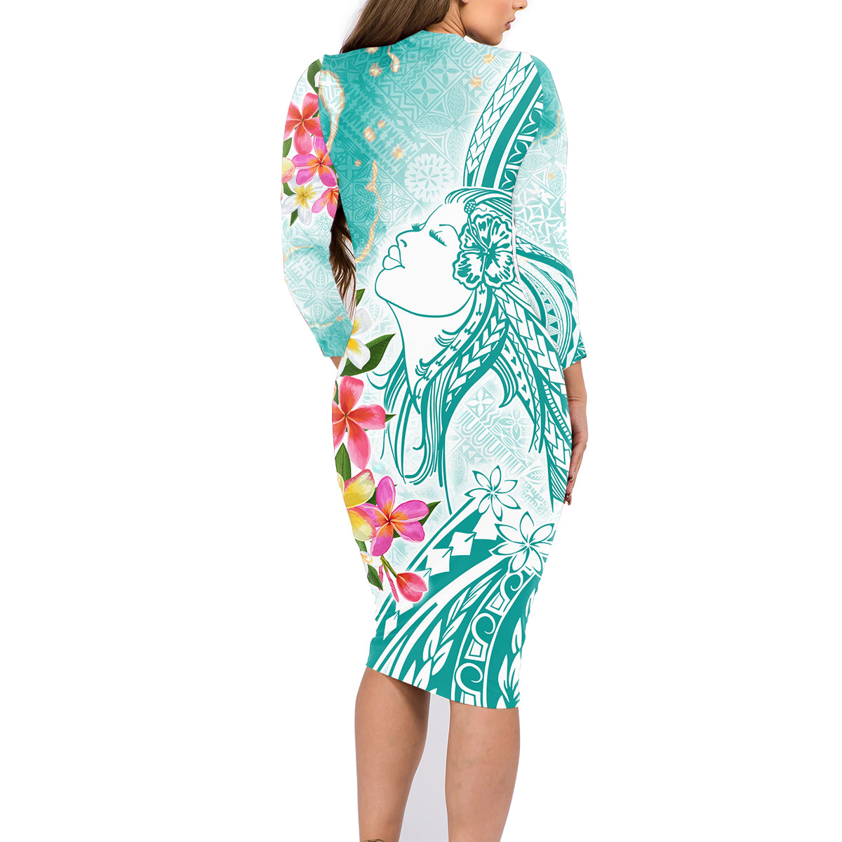 Polynesian Women's Day Wahine Family Matching Long Sleeve Bodycon Dress and Hawaiian Shirt Plumeria Marble Glaze - Teal LT7 - Polynesian Pride