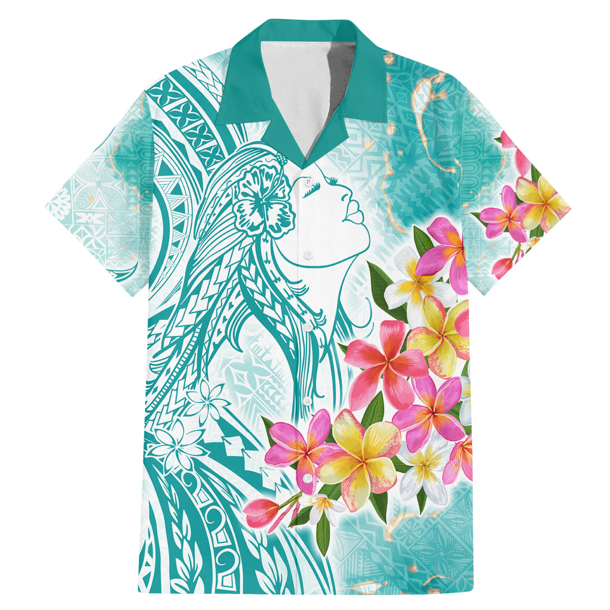 Polynesian Women's Day Wahine Family Matching Mermaid Dress and Hawaiian Shirt Plumeria Marble Glaze - Teal LT7 Dad's Shirt - Short Sleeve Teal - Polynesian Pride