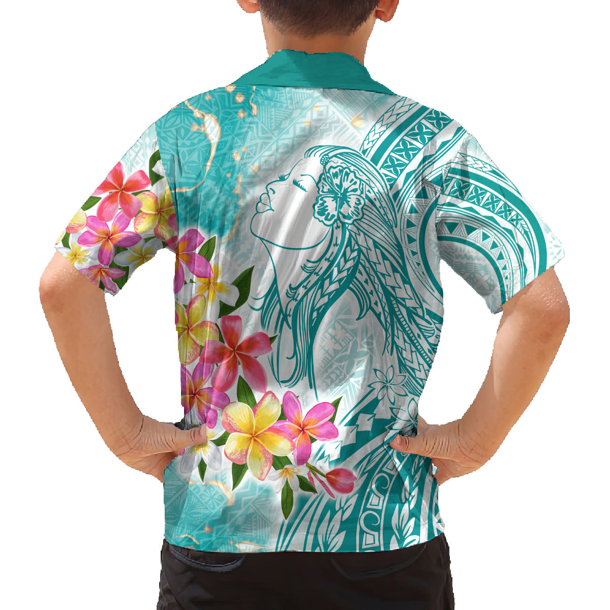 Polynesian Women's Day Wahine Family Matching Off Shoulder Long Sleeve Dress and Hawaiian Shirt Plumeria Marble Glaze - Teal LT7 - Polynesian Pride