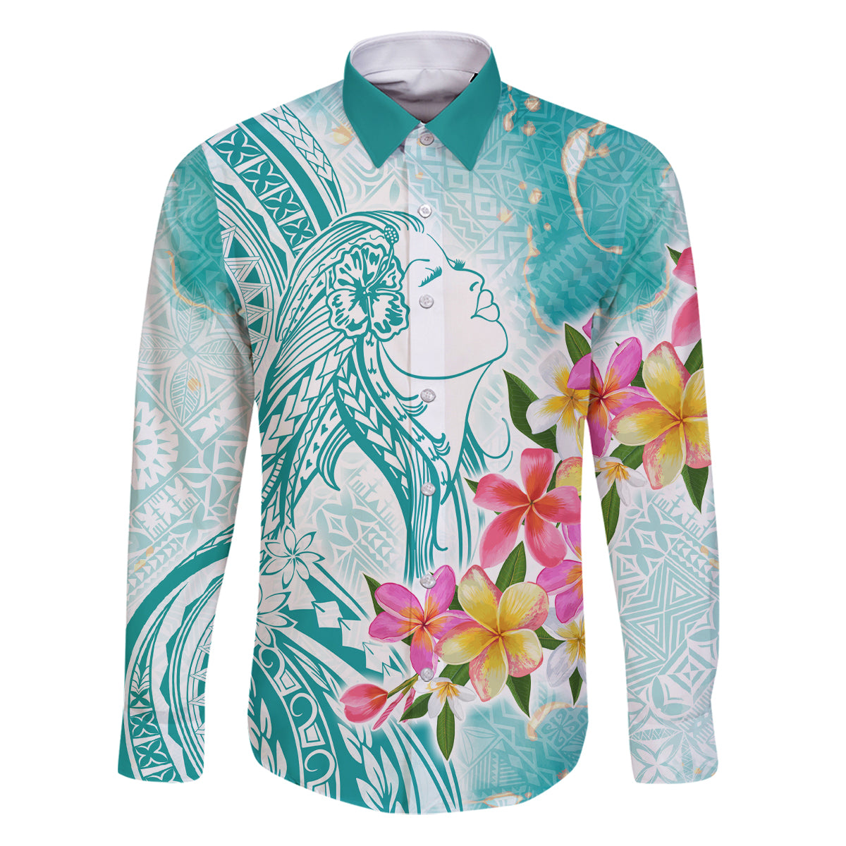 Polynesian Women's Day Wahine Family Matching Puletasi and Hawaiian Shirt Plumeria Marble Glaze - Teal LT7 Dad's Shirt - Long Sleeve Teal - Polynesian Pride