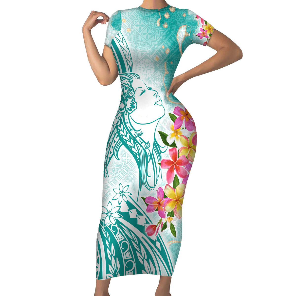 Polynesian Women's Day Wahine Family Matching Short Sleeve Bodycon Dress and Hawaiian Shirt Plumeria Marble Glaze - Teal LT7 Mom's Dress Teal - Polynesian Pride
