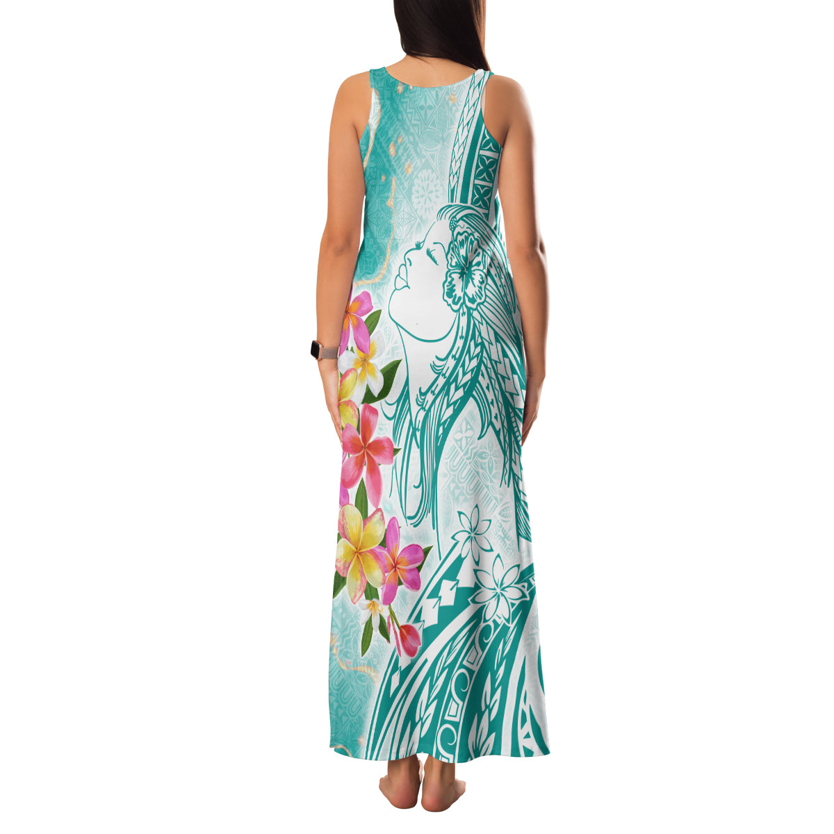 Polynesian Women's Day Wahine Family Matching Tank Maxi Dress and Hawaiian Shirt Plumeria Marble Glaze - Teal LT7 - Polynesian Pride