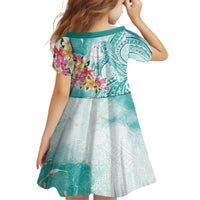 Polynesian Women's Day Wahine Kid Short Sleeve Dress Plumeria Marble Glaze - Teal LT7 - Polynesian Pride