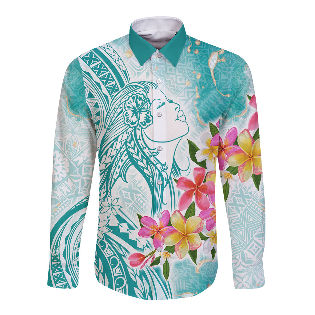 Polynesian Women's Day Wahine Long Sleeve Button Shirt Plumeria Marble Glaze - Teal LT7 Unisex Teal - Polynesian Pride