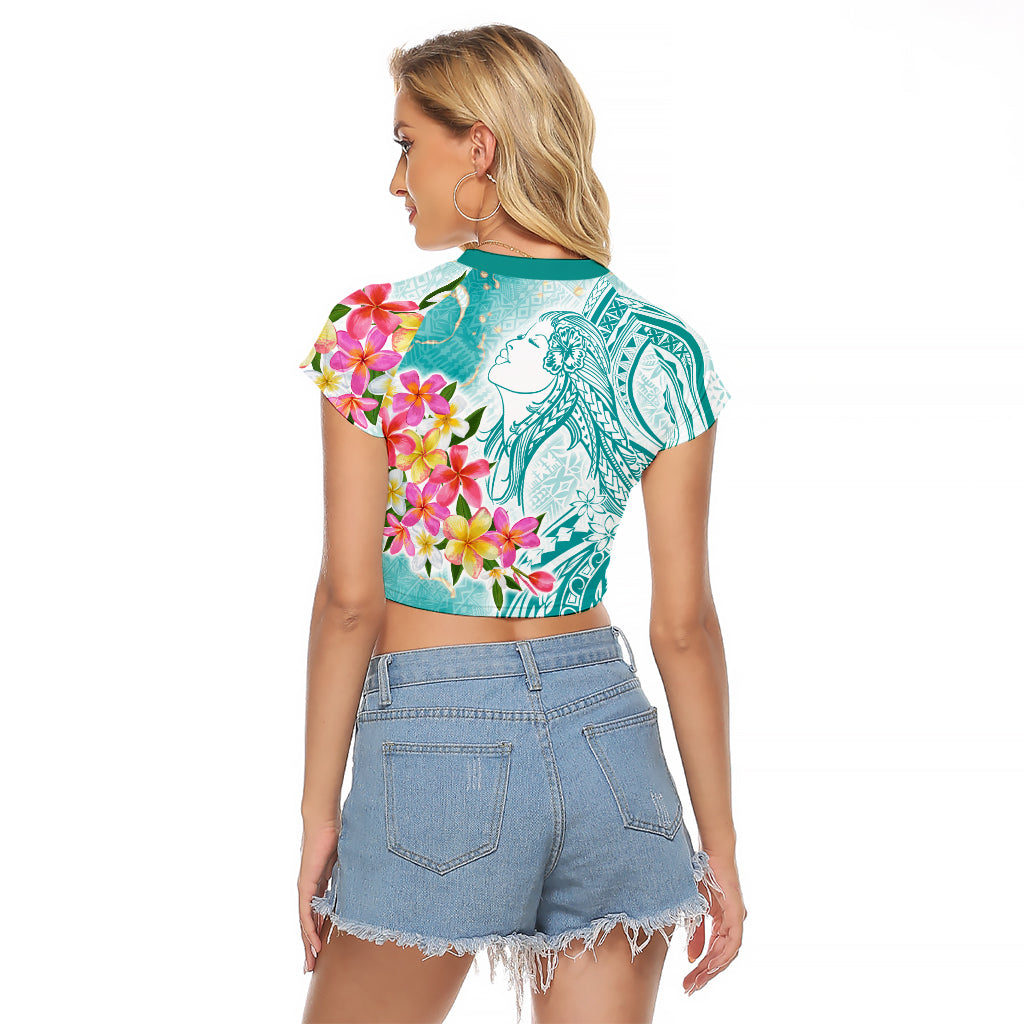 Polynesian Women's Day Wahine Raglan Cropped T Shirt Plumeria Marble Glaze - Teal LT7 - Polynesian Pride