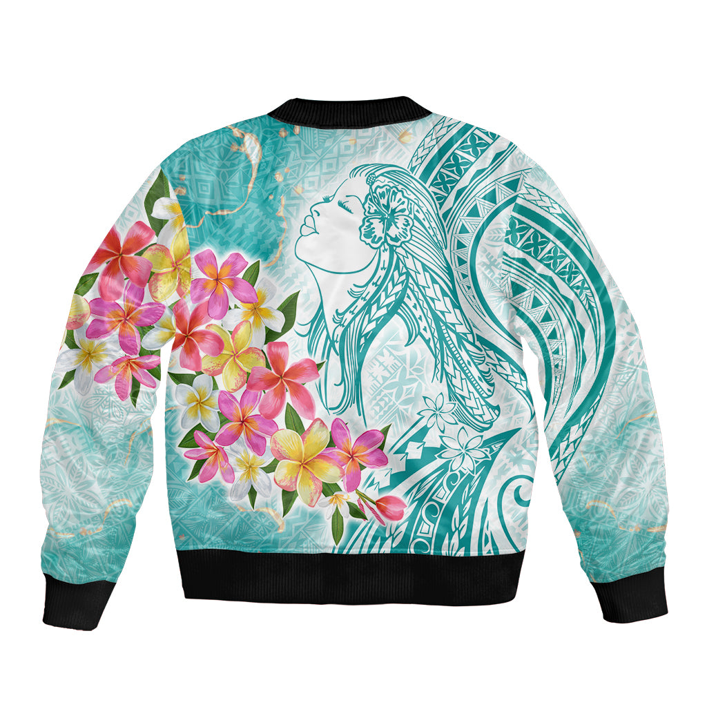 Polynesian Women's Day Wahine Sleeve Zip Bomber Jacket Plumeria Marble Glaze - Teal LT7 - Polynesian Pride