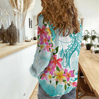 Polynesian Women's Day Wahine Women Casual Shirt Plumeria Marble Glaze - Teal LT7 - Polynesian Pride