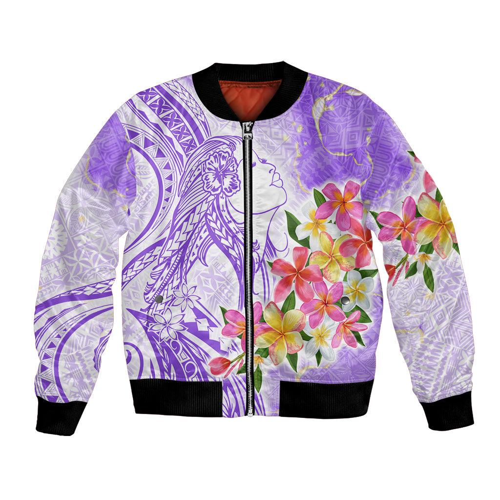 Polynesian Women's Day Wahine Bomber Jacket Plumeria Marble Glaze - Purple LT7 Unisex Purple - Polynesian Pride