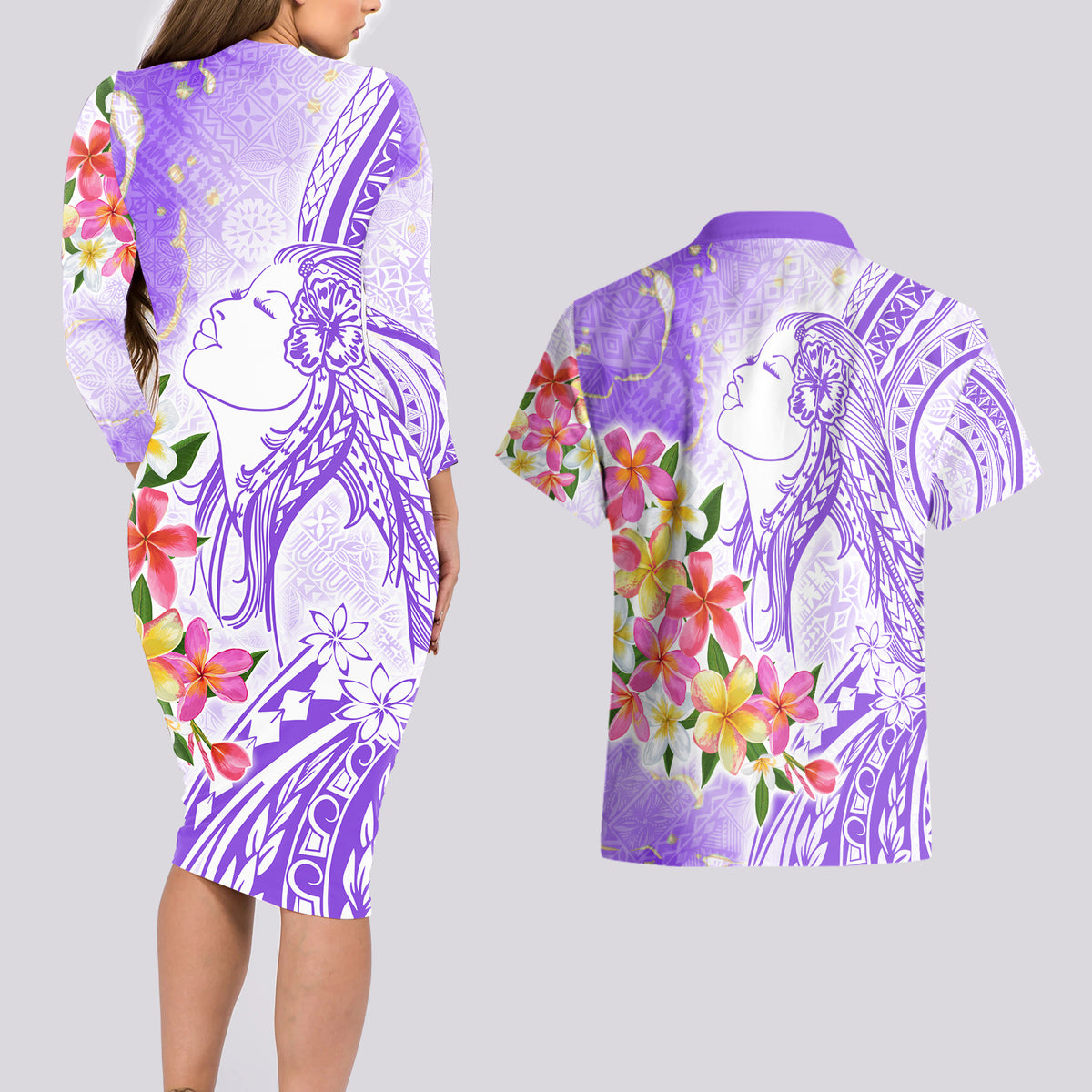 Polynesian Women's Day Wahine Couples Matching Long Sleeve Bodycon Dress and Hawaiian Shirt Plumeria Marble Glaze - Purple LT7 - Polynesian Pride