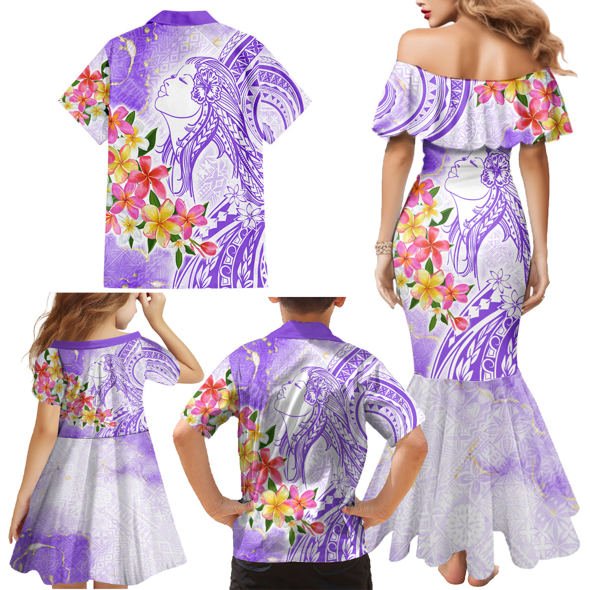 Polynesian Women's Day Wahine Family Matching Mermaid Dress and Hawaiian Shirt Plumeria Marble Glaze - Purple LT7 - Polynesian Pride
