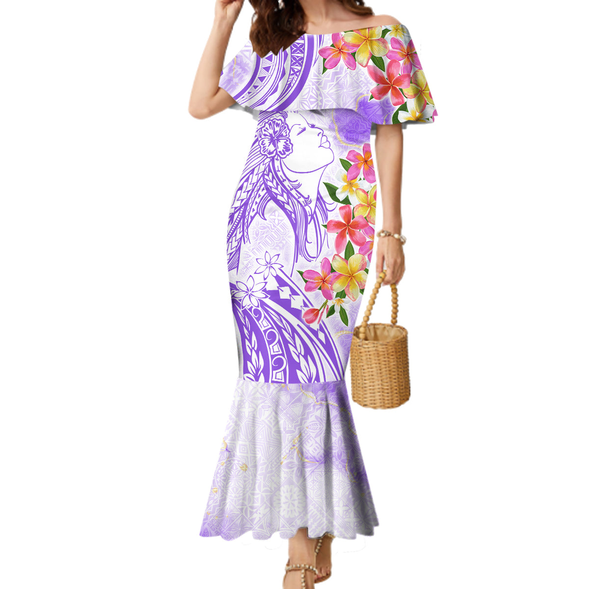 Polynesian Women's Day Wahine Family Matching Mermaid Dress and Hawaiian Shirt Plumeria Marble Glaze - Purple LT7 Mom's Dress Purple - Polynesian Pride