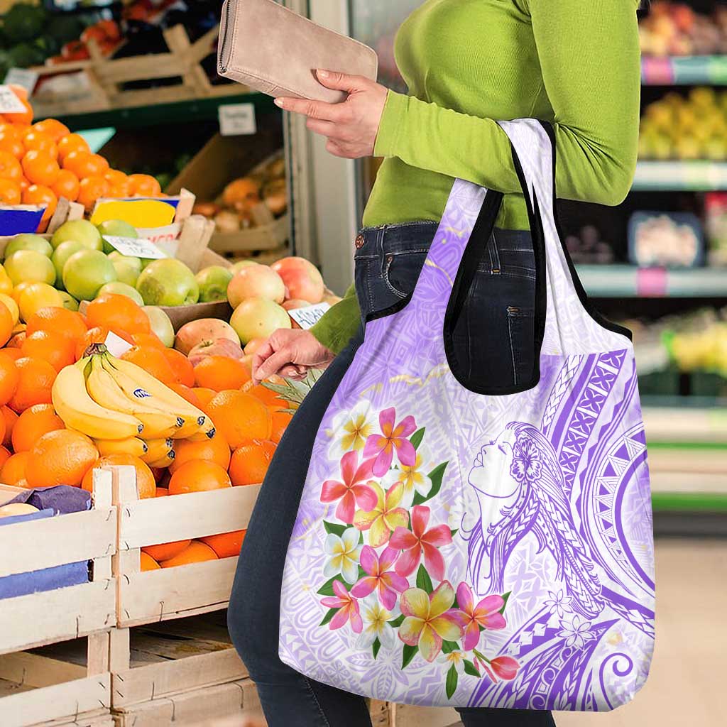 Polynesian Women's Day Wahine Grocery Bag Plumeria Marble Glaze - Purple