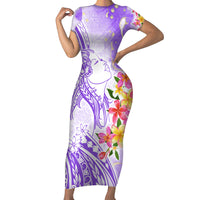 Polynesian Women's Day Wahine Short Sleeve Bodycon Dress Plumeria Marble Glaze - Purple LT7 Long Dress Purple - Polynesian Pride