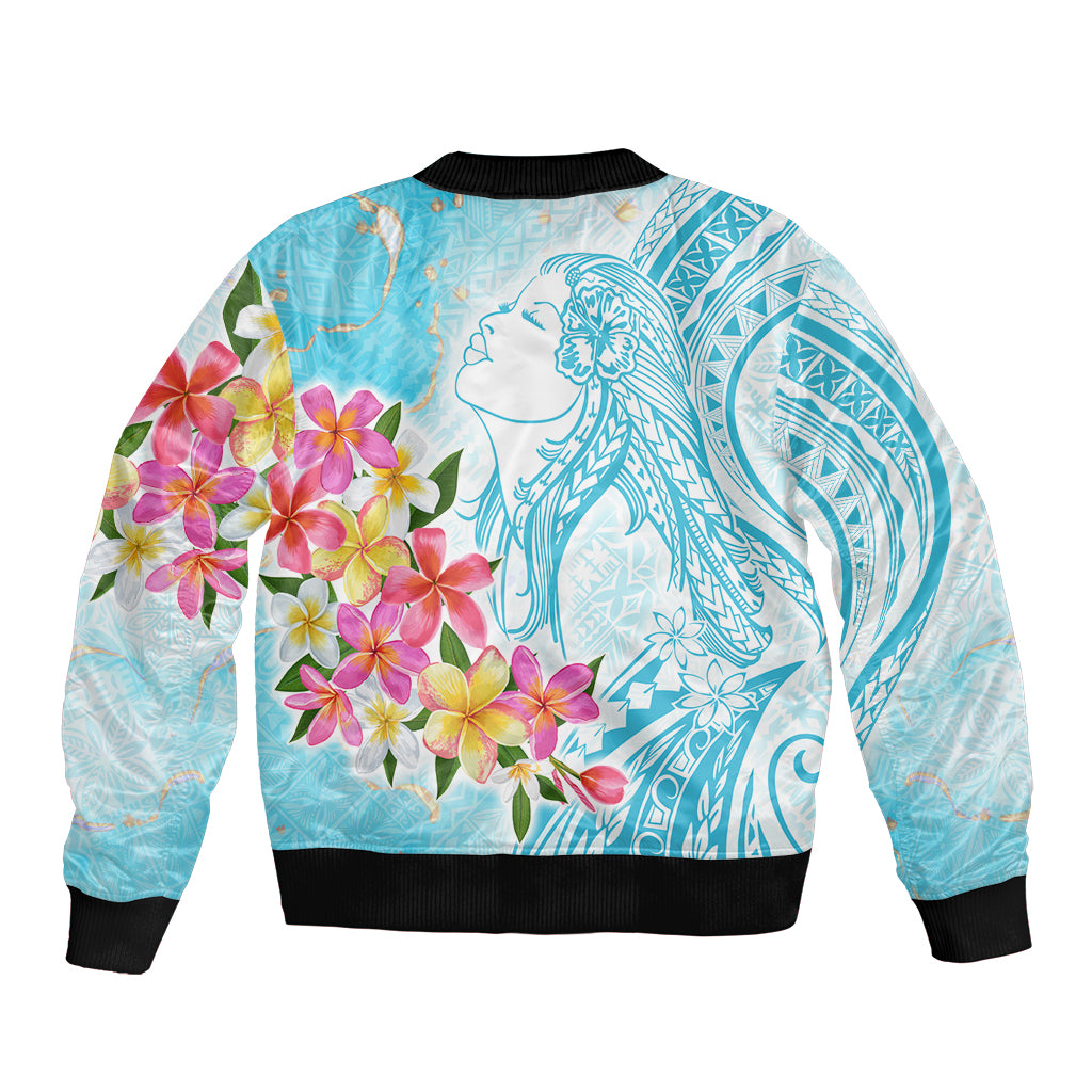 Polynesian Women's Day Wahine Bomber Jacket Plumeria Marble Glaze - Turquoise LT7 - Polynesian Pride