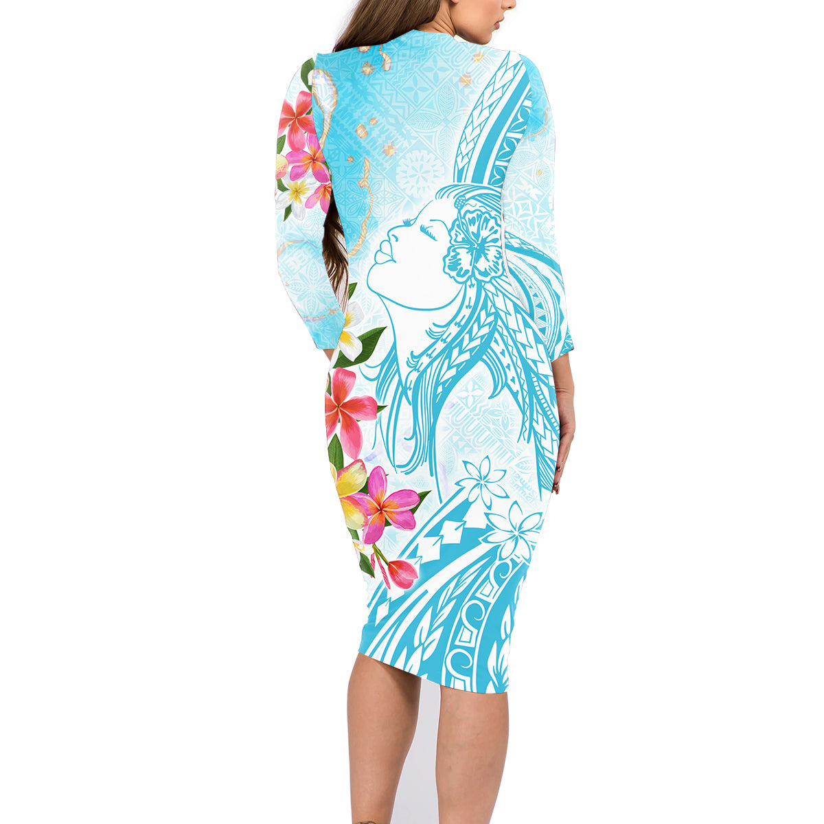 Polynesian Women's Day Wahine Family Matching Long Sleeve Bodycon Dress and Hawaiian Shirt Plumeria Marble Glaze - Turquoise LT7 - Polynesian Pride