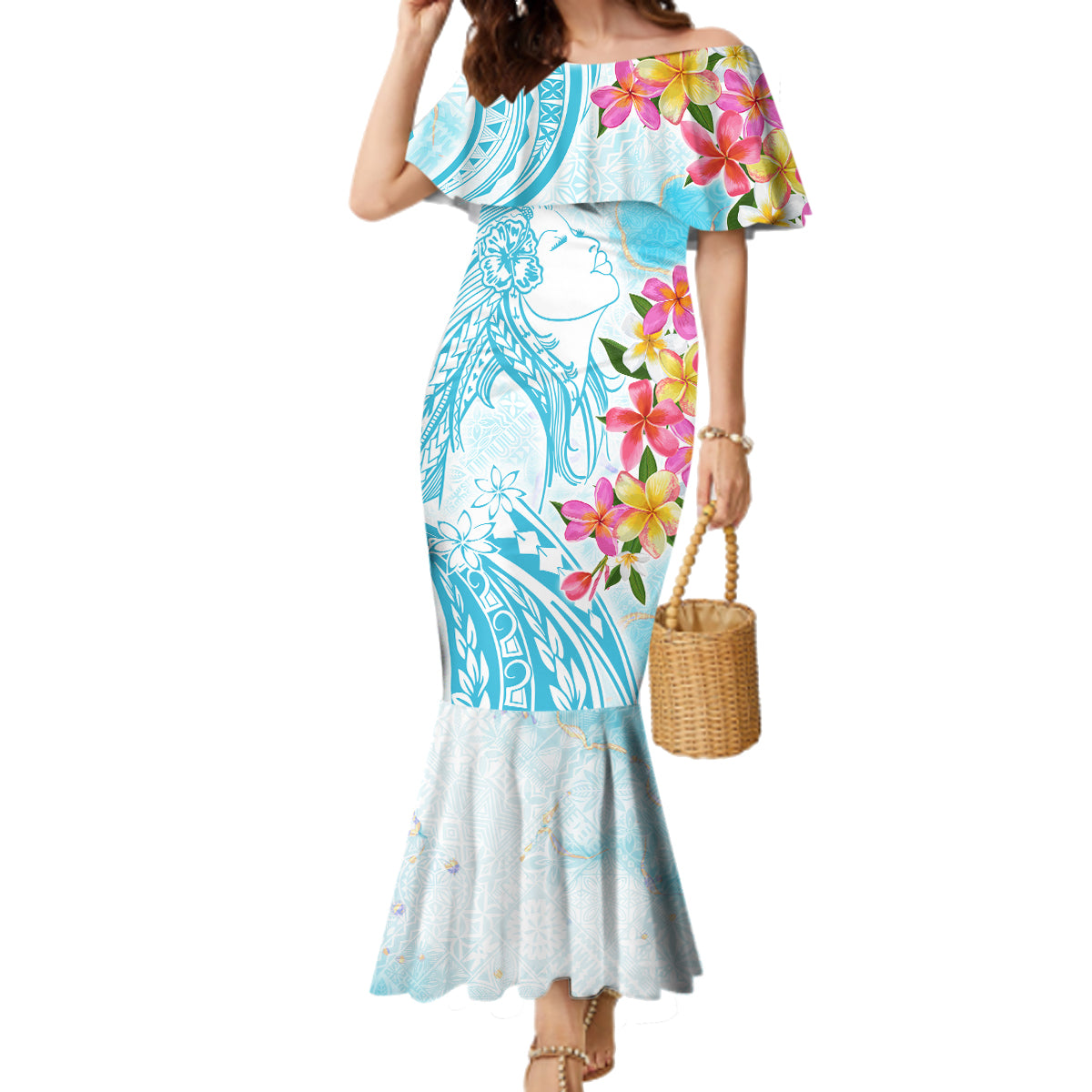 Polynesian Women's Day Wahine Family Matching Mermaid Dress and Hawaiian Shirt Plumeria Marble Glaze - Turquoise LT7 Mom's Dress Turquoise - Polynesian Pride