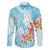 Polynesian Women's Day Wahine Family Matching Off Shoulder Long Sleeve Dress and Hawaiian Shirt Plumeria Marble Glaze - Turquoise LT7 Dad's Shirt - Long Sleeve Turquoise - Polynesian Pride