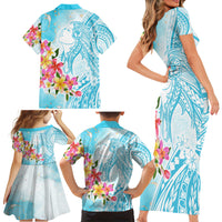 Polynesian Women's Day Wahine Family Matching Short Sleeve Bodycon Dress and Hawaiian Shirt Plumeria Marble Glaze - Turquoise LT7 - Polynesian Pride