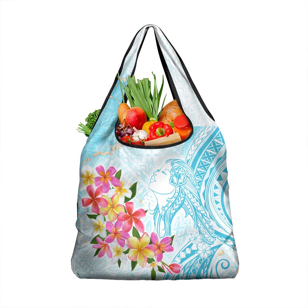 Polynesian Women's Day Wahine Grocery Bag Plumeria Marble Glaze - Turquoise
