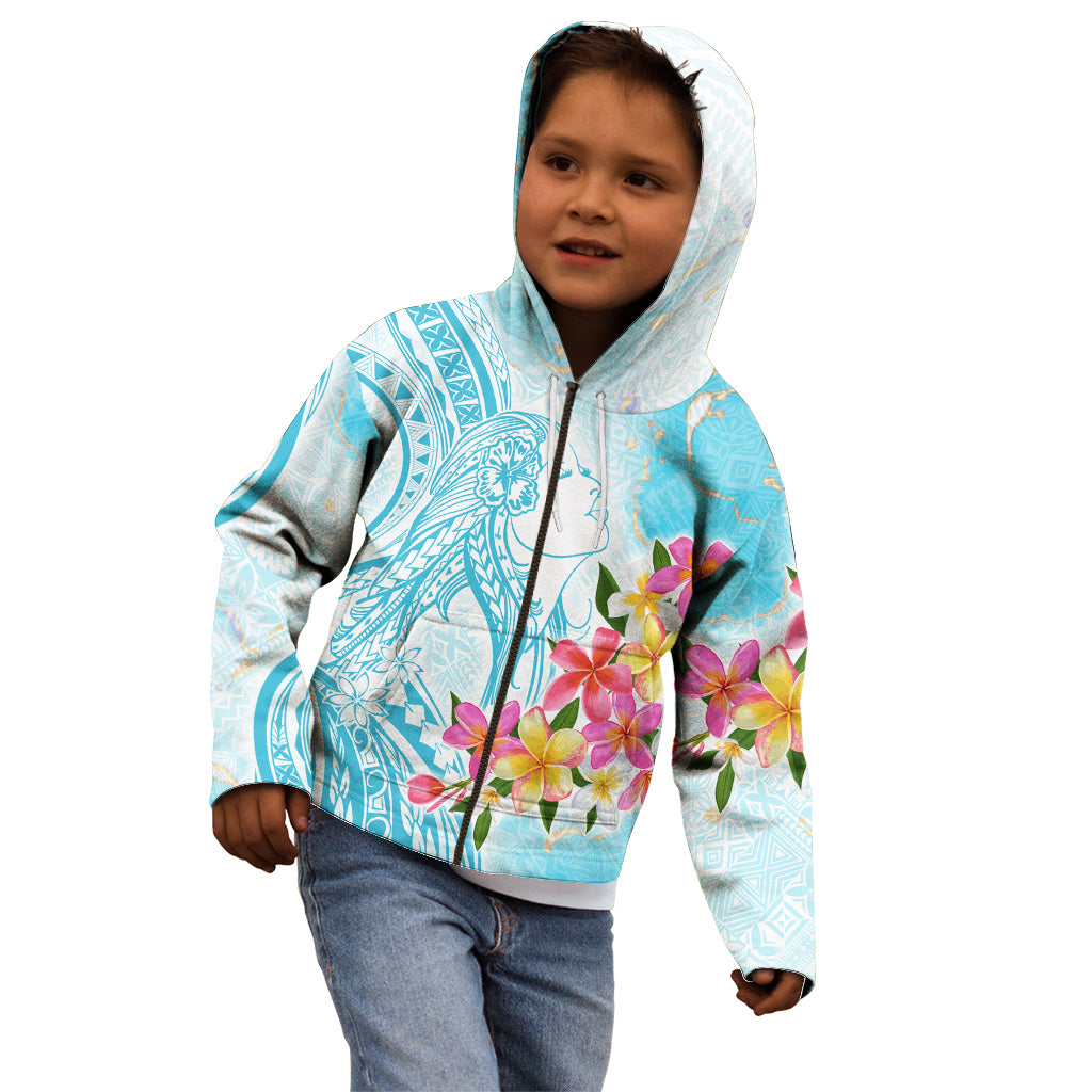 Polynesian Women's Day Wahine Kid Hoodie Plumeria Marble Glaze - Turquoise LT7 - Polynesian Pride