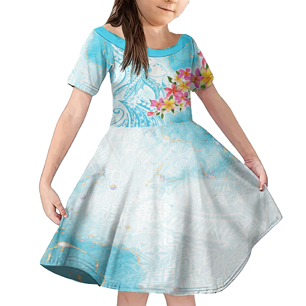 Polynesian Women's Day Wahine Kid Short Sleeve Dress Plumeria Marble Glaze - Turquoise LT7 KID Turquoise - Polynesian Pride