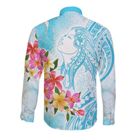 Polynesian Women's Day Wahine Long Sleeve Button Shirt Plumeria Marble Glaze - Turquoise LT7 - Polynesian Pride