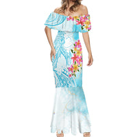 Polynesian Women's Day Wahine Mermaid Dress Plumeria Marble Glaze - Turquoise LT7 - Polynesian Pride