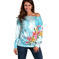 Polynesian Women's Day Wahine Off Shoulder Sweater Plumeria Marble Glaze - Turquoise LT7 Women Turquoise - Polynesian Pride