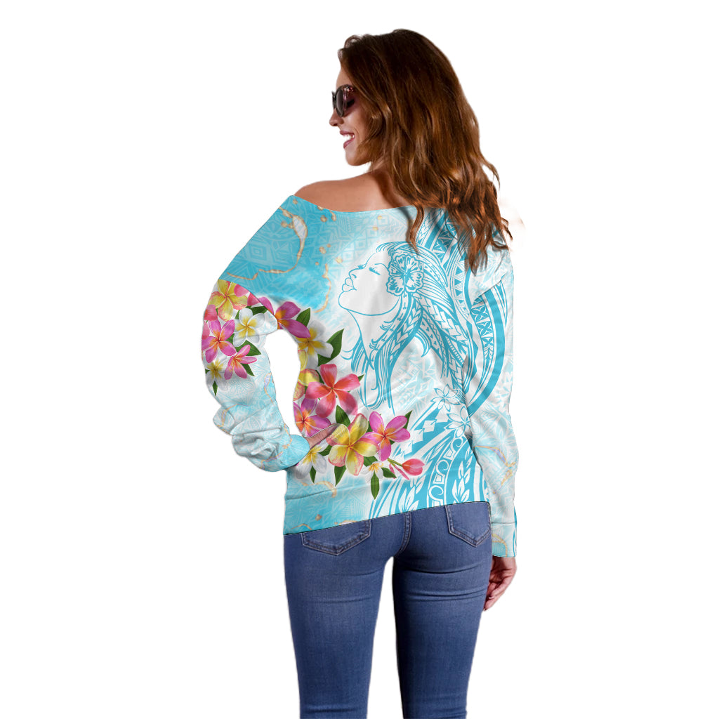 Polynesian Women's Day Wahine Off Shoulder Sweater Plumeria Marble Glaze - Turquoise LT7 - Polynesian Pride