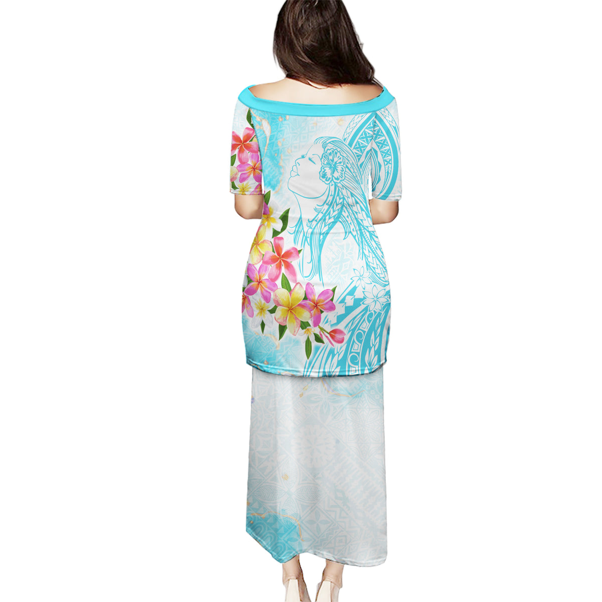 Polynesian Women's Day Wahine Puletasi Plumeria Marble Glaze - Turquoise LT7 - Polynesian Pride