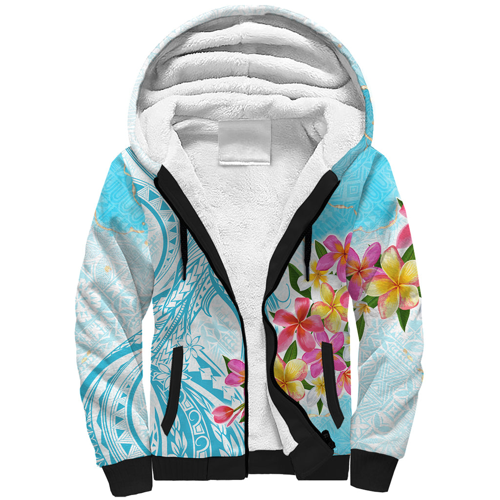 Polynesian Women's Day Wahine Sherpa Hoodie Plumeria Marble Glaze - Turquoise LT7 Unisex Turquoise - Polynesian Pride