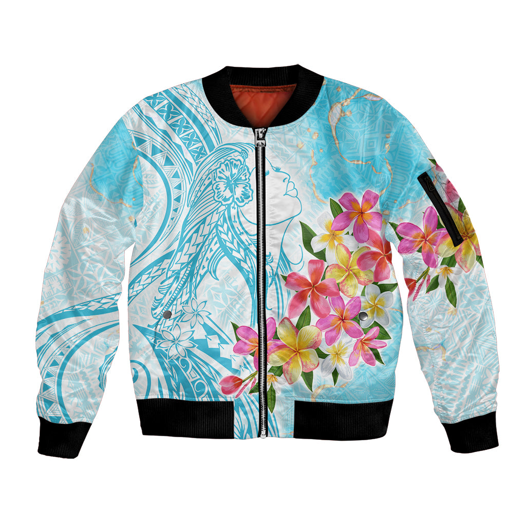 Polynesian Women's Day Wahine Sleeve Zip Bomber Jacket Plumeria Marble Glaze - Turquoise LT7 Unisex Turquoise - Polynesian Pride