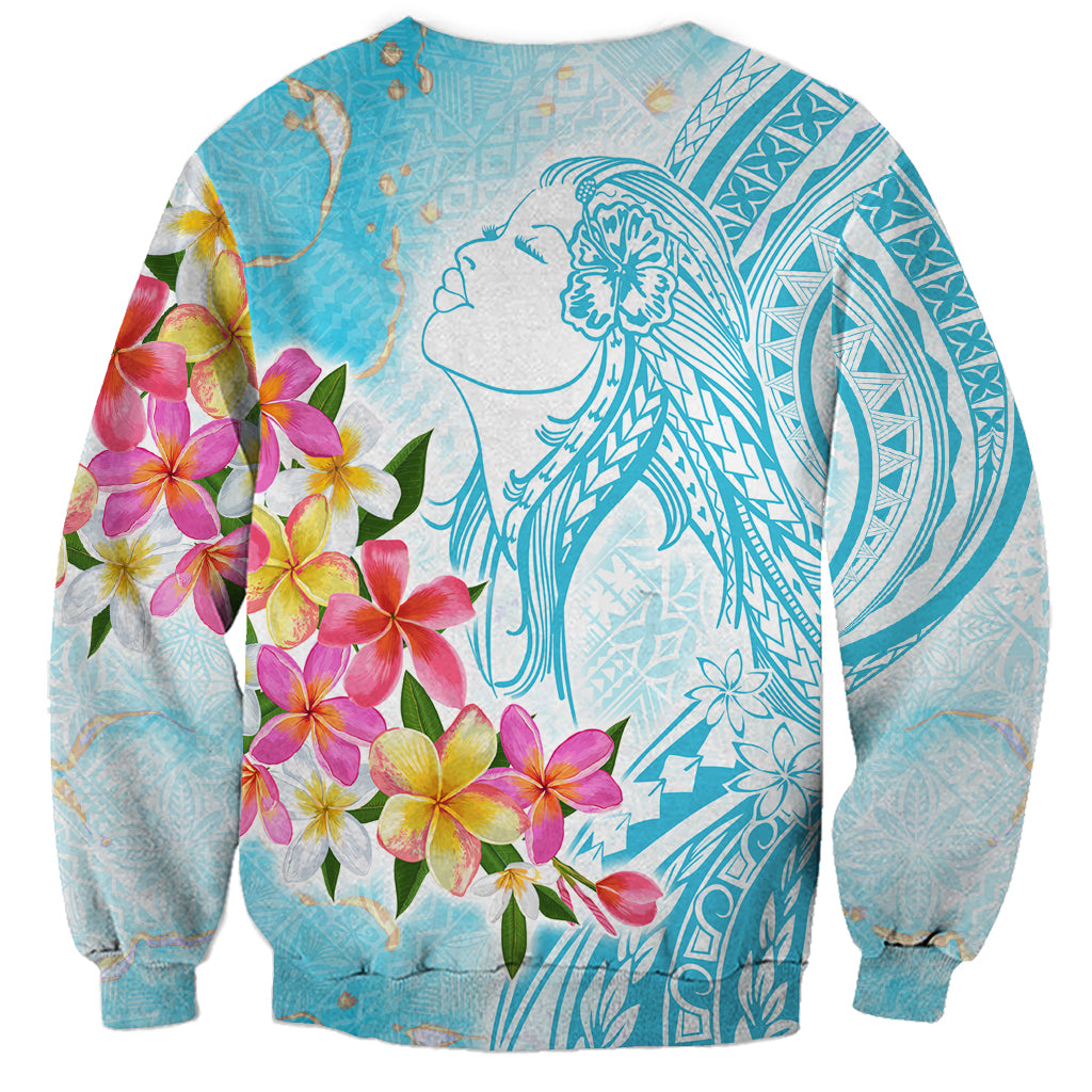 Polynesian Women's Day Wahine Sweatshirt Plumeria Marble Glaze - Turquoise LT7 - Polynesian Pride