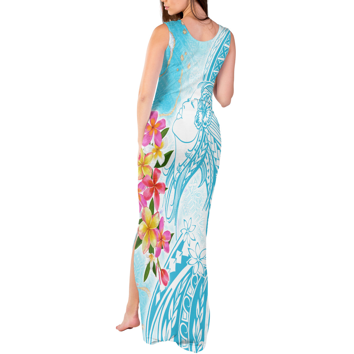 Polynesian Women's Day Wahine Tank Maxi Dress Plumeria Marble Glaze - Turquoise LT7 - Polynesian Pride