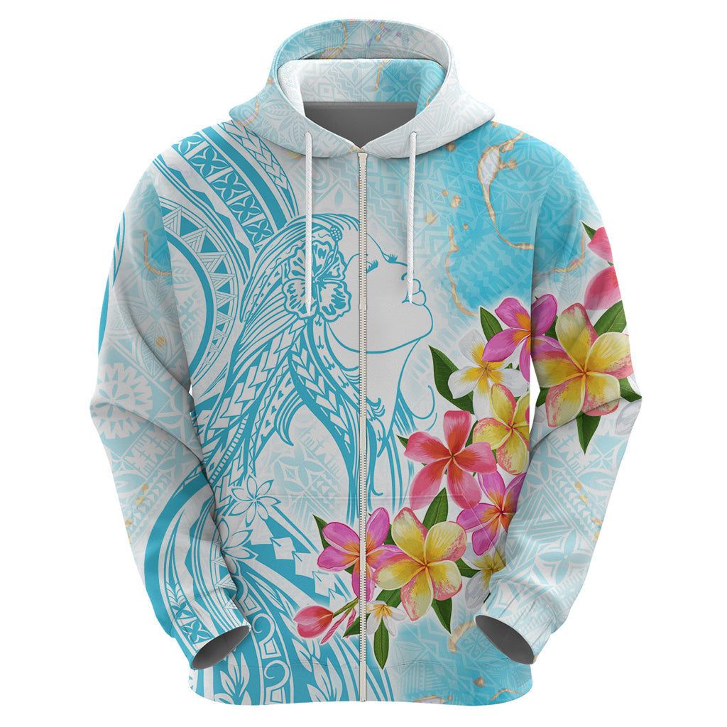 Polynesian Women's Day Wahine Zip Hoodie Plumeria Marble Glaze - Turquoise LT7 - Polynesian Pride