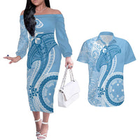 Micronesia FSM Couples Matching Off The Shoulder Long Sleeve Dress and Hawaiian Shirt Shark and Manta Classic Style